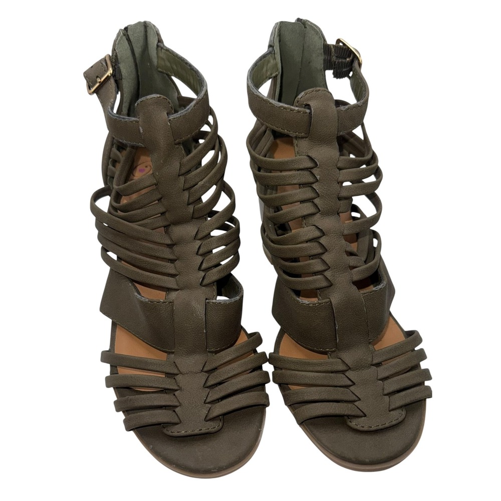 Dollhouse Womens Gladiator Caged Block Heel Sandals Olive Green Size 7 Back Zip